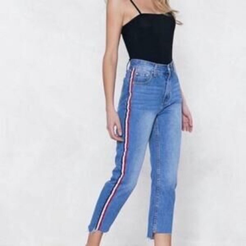 NASTY GAL Cropped Jeans You're Absolutely Stripe High-waist Raw Hem SZ US 6
